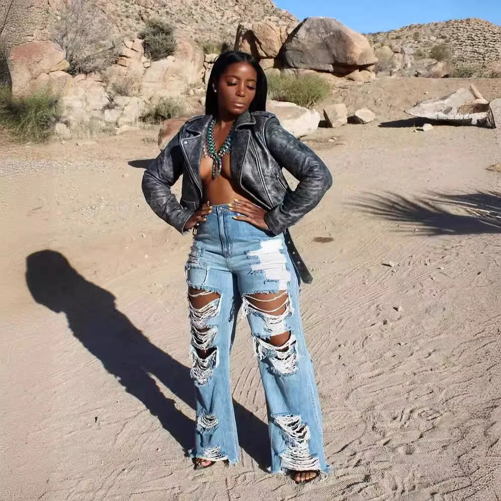 Jeans Women Long Pants Elegant Splice Denim Pant Slim Fit Sexy Hole High Waist Button Pocket Straight Trousers Summer 251023