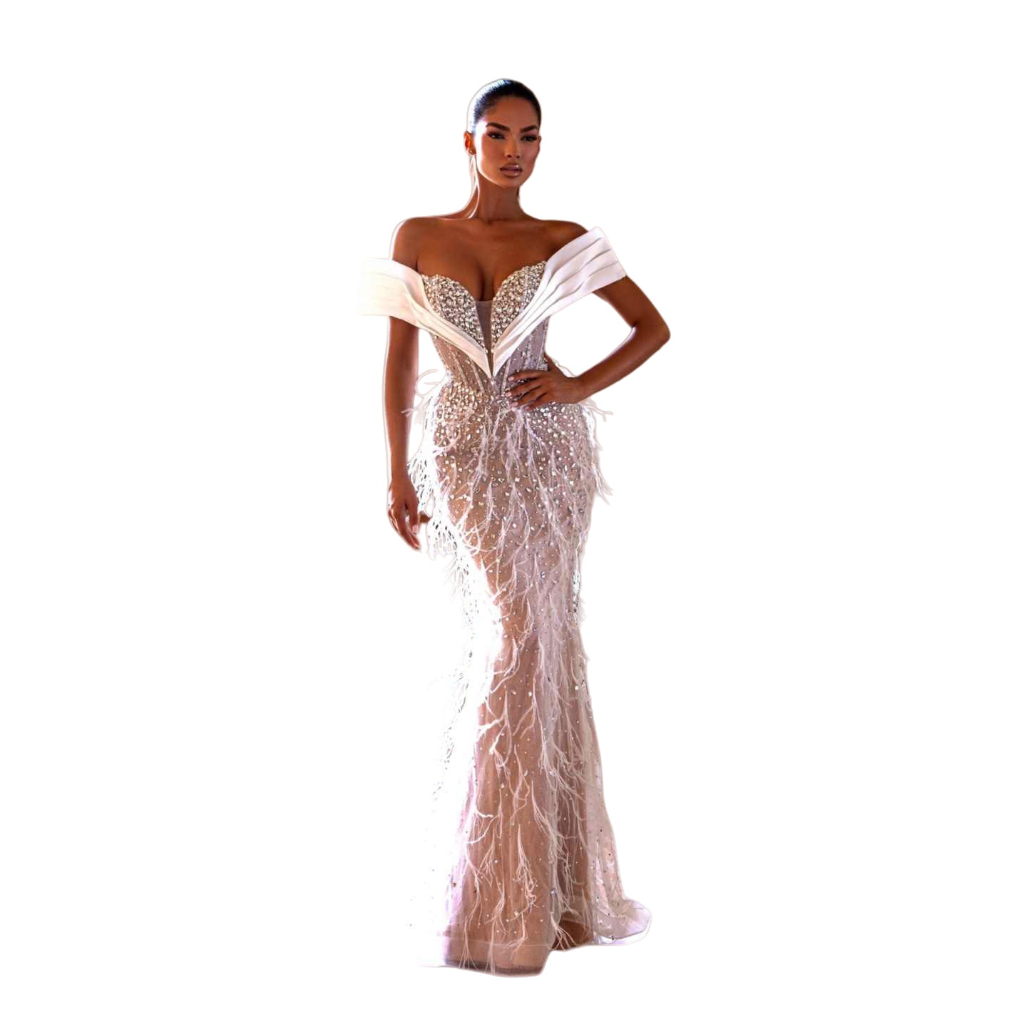 Modern Mermaid Prom Dress Sleeveless Prom Gowns Off Shoulder Beads Feather Sexy Evening Dress vestidos de novia Size Customized Special Occasion Dress