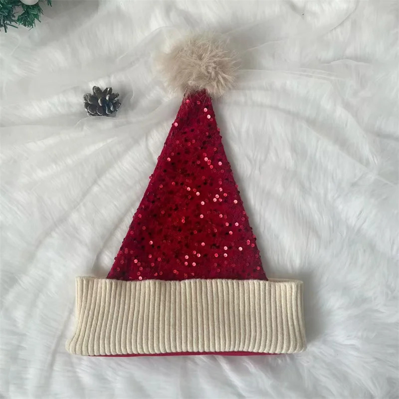 Santa Hat Christmas Hats Xmas Party Hat Red Glitter Knitted Beanie Hat For Adult Women Men Year Decor Party Supplies 251023
