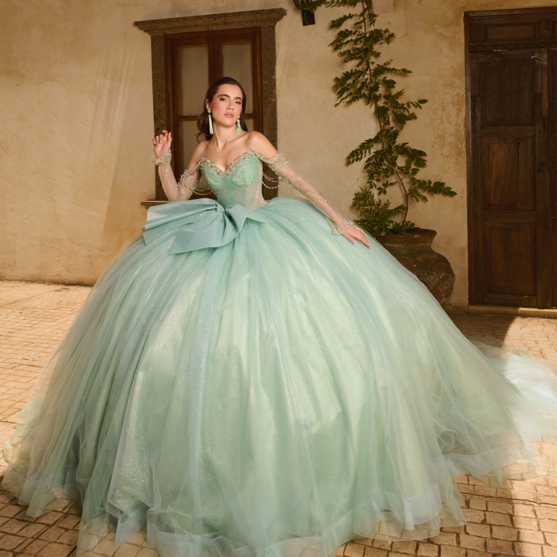 Sage Green Shiny Quinceanera Dresses Ball Gown Off The Shoulder Beading Crystal Bow Corset Tull Party Birthday Sweet 16 Dress Vestidos 15 De Anos