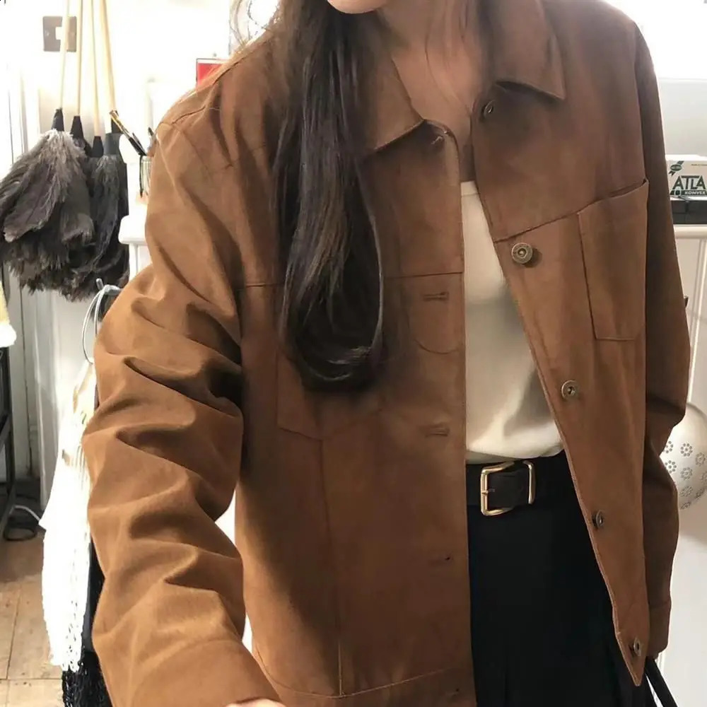 American Retro Suede Jacket Women Spring Autumn Style HighEnd Short Chic Versatile Polyester Long Sleeve Elegant Commute 251018