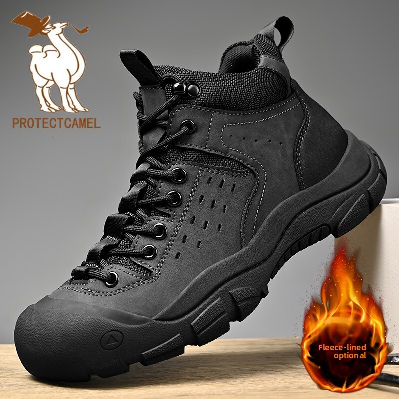 Paul Camel Men's Shoes Winter Fleece-Lined High-Top Cotton Footwear Genuine Leather Anti-Slip Outdoor Hiking Shoes & Snow Work Boots