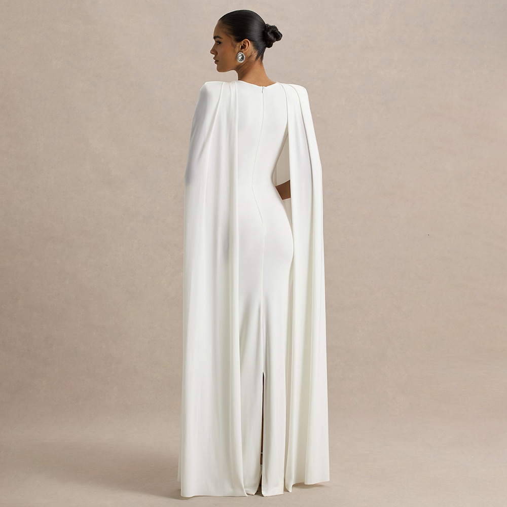 European and American designer style autumn and winter new banquet party women's evening dress solid color round neck pleated shawl slim and eleg