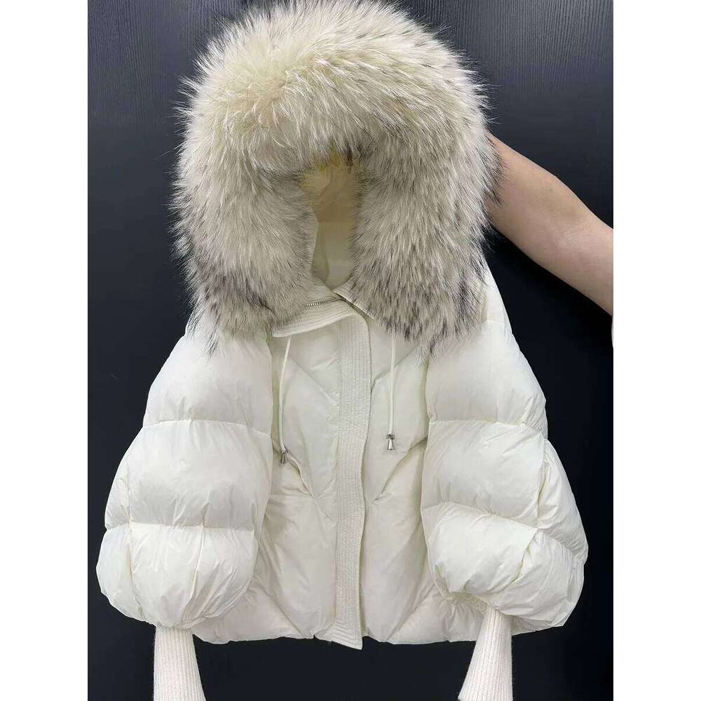 Winter Natural Large Fur Collar Hooded Female Lantern Sleeve Warm Quilted Jacket Women Short White Duck Down Outwear Womens Coat