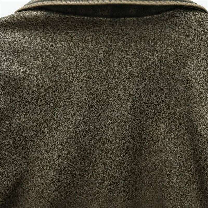 Vintage Loose Pu Faux Leather Short Jacket With Belt Streetwear Female Zipper Retro Moto Biker Coat Outwear Tops