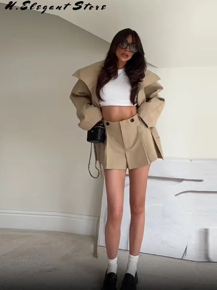 Vintage Khaki Solid Trench Jacket For Women Lapel Full Sleeve Casual Coat With Belt Lady Autumn Winter Streetwears 251021