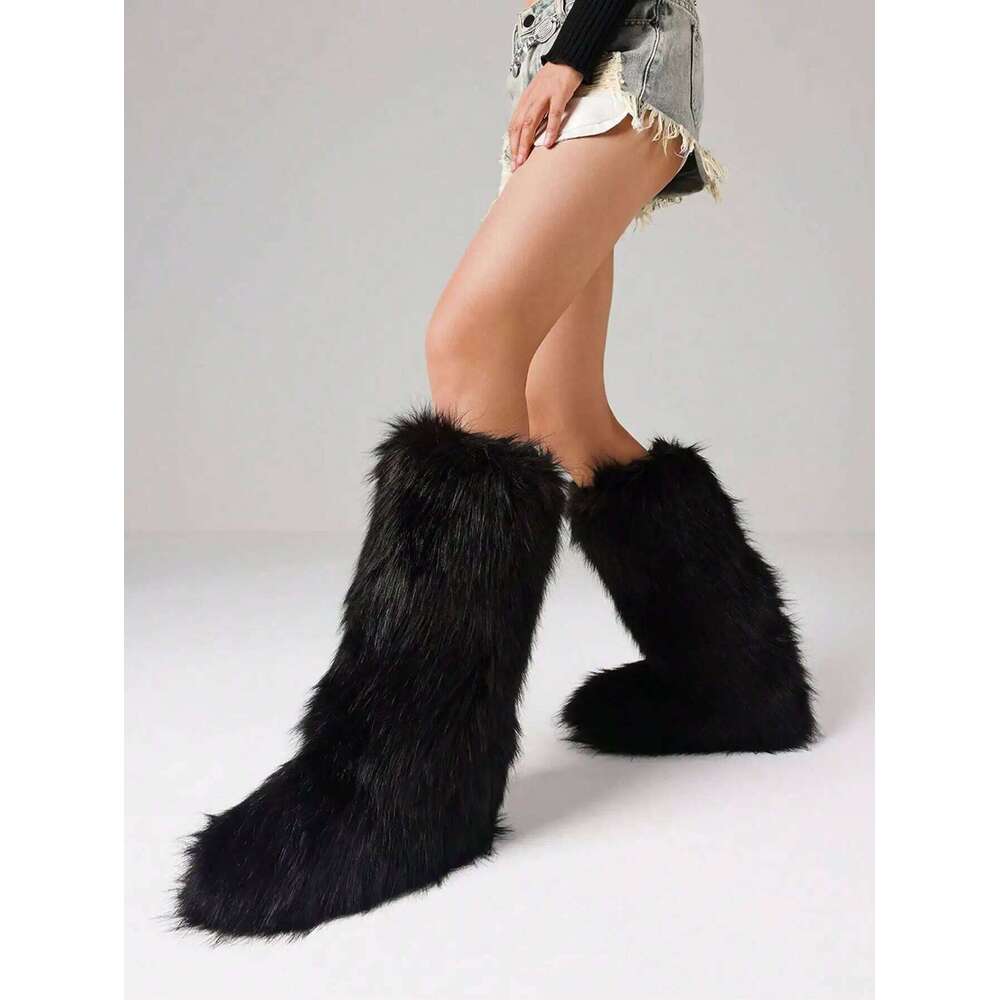 Furry Fluffy Snow Boots Warmplush Knee High Flats Fashion Punk Goth Cosplay Women Winter Shoes