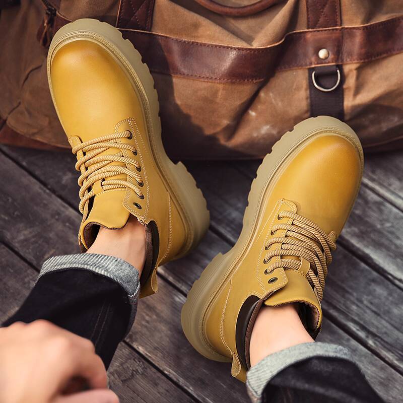 Paul Camel Men's Work Boots Autumn Winter Martin Boots High-Top Genuine Leather Yellow Footwear British Style Fleece-Lined Thick-Soled Shoes