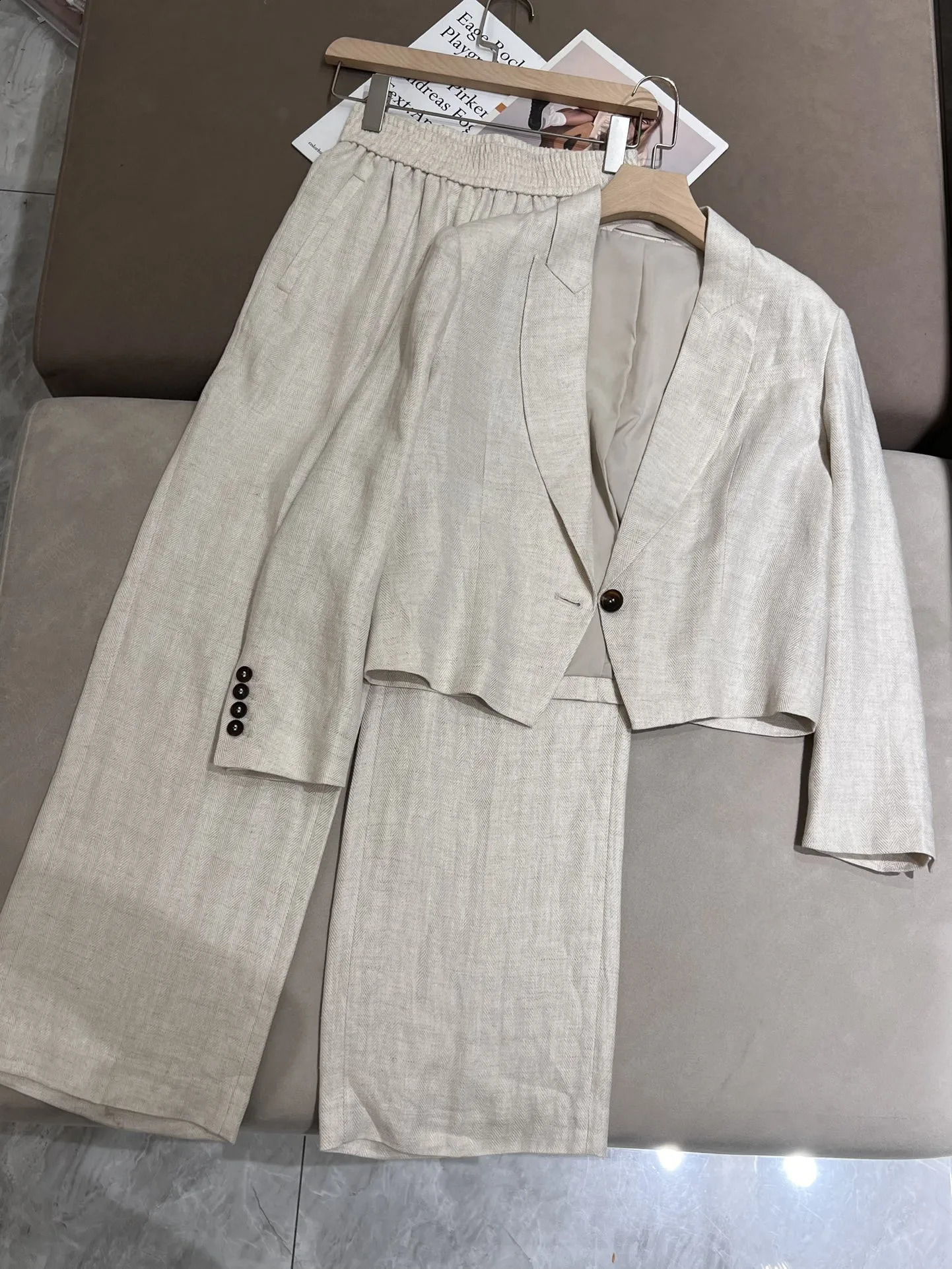 Womens Linen Sequins Blazer Jacket Suit Pants Blazer Vest Short Jacket Set 251023