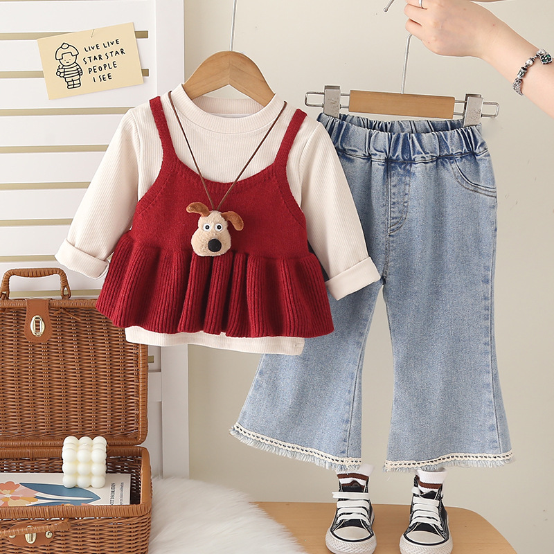 Baby Girls Suspenders Sweater Set 3-Piece, Korean Style Knit Outfit for 1-5 Year Olds, Spring Autumn Fashion