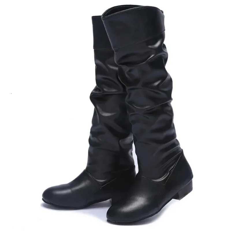 Womens leather PU Knee High Boots Fashion Folding Slip on Winter High Boots Casual Low Heels White Black Long Slim Boots Ladies W251024