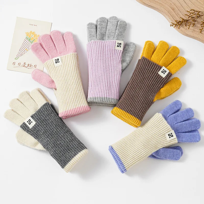 Autumn and Winter Womens Mid To Long Color Blocked Knitted Gloves Warm and Colorful with Simple Finger Knitting 251023