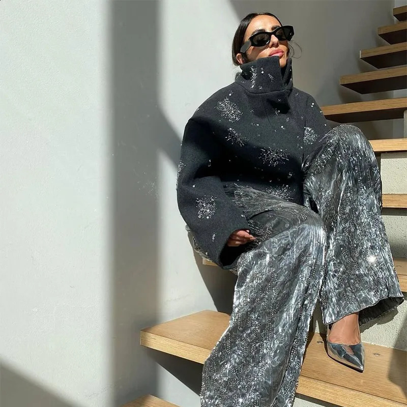 Casual Embroidery Beading Loose Women Coat Lapel Collar Bat Sleeve Solid Wool Blend Jacket 2025 Lady Spring Outerwear 251018