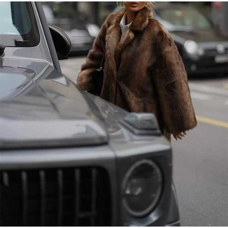 Luxury Highend Fluffy Women Chic Faux Fur Long Overcoat Dark Brown Winter Warm Trench Coat Thick Fur Jacket Windproof Outerwear H251024