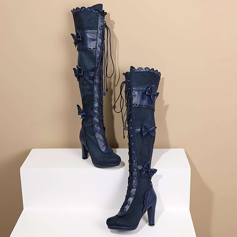 AMINUGAL Women's Steampunk Gothic Pirate - High Heel Over-The-Knee Lace-Up Thigh Boots With Bowknot Detail, Chunky Mid-Heel, PU Cover & Rubber So