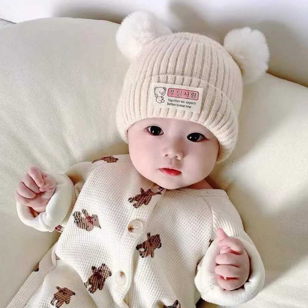 New Solid Color Baby Knitted Hat Plush Ball Soft Winter Hat 03 Year Beanie Hats Boys GirlsL251024