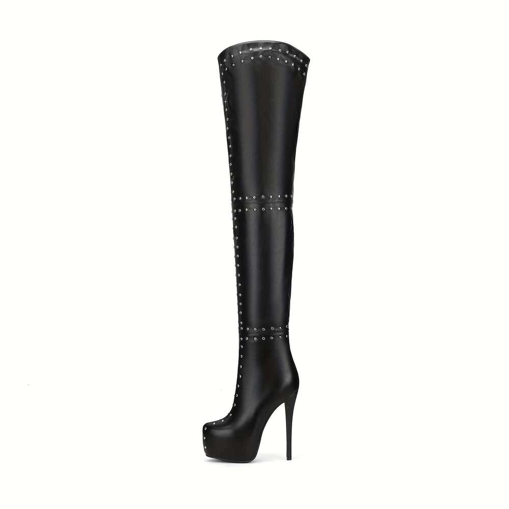Women's Over-The-Knee With Sexy Platform Stiletto Heel Studded Detailing, These Tight, Black High Boots Are Designed To Make A Bold Fashion State
