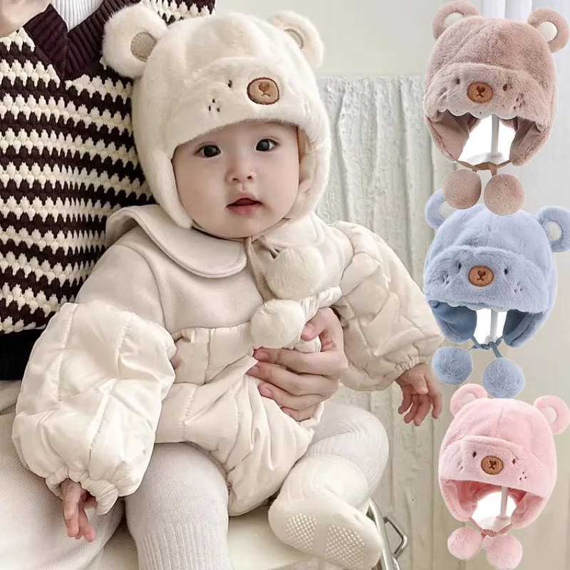 Cute Winter Warm Kids Girl Boys Baby Hats Fleece Wool Hemming Caps with Ball Solid Wool Ear Protection Hats Soft Newborn BonnetL251024