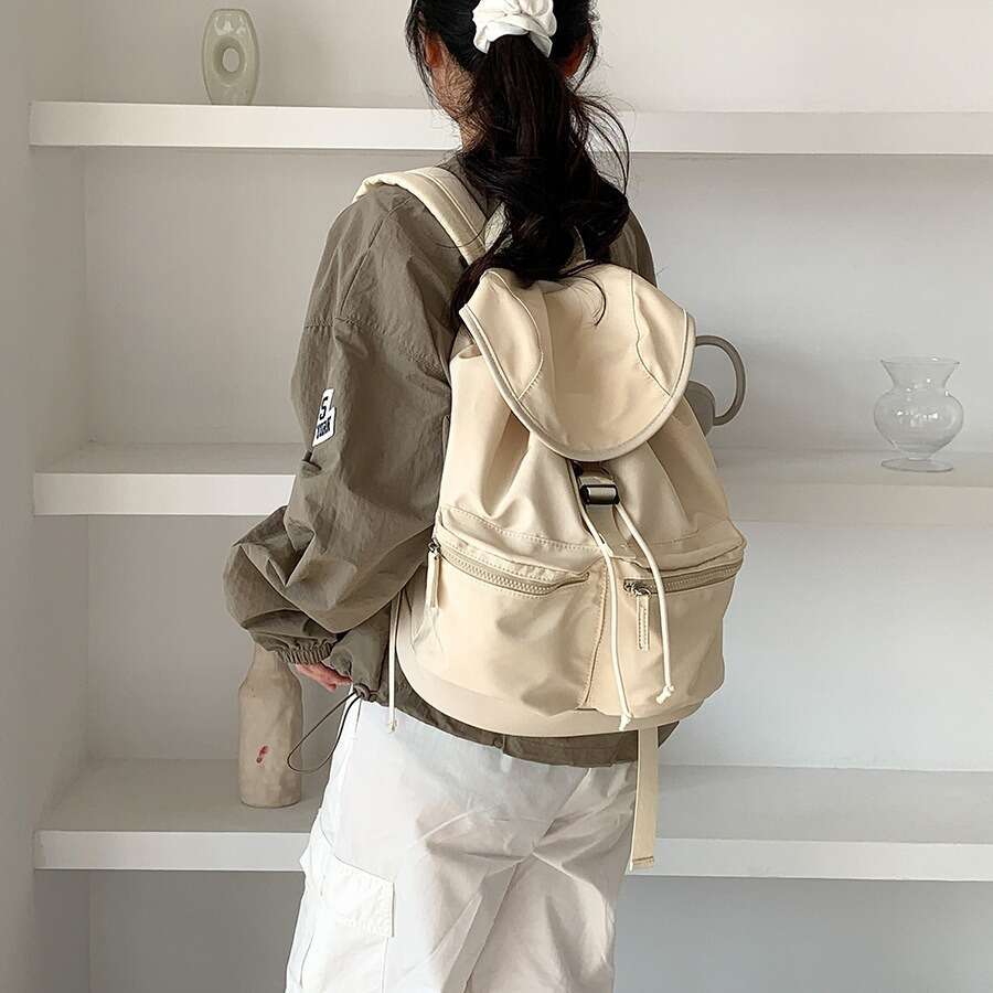 Korean Version New Drawstring Pleated Flap Student Double Shoulder Nylon Niche Large Capacity Backpack For Girls B5
