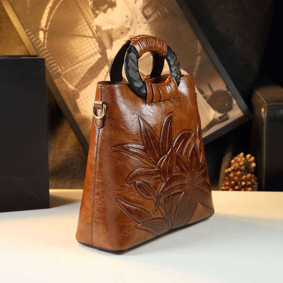 Vintage Floral Pattern Wo, Light Brown, Removable Strap, Zipper Closure, Polyester Lined, Painted, Fashionable Ethnic Style Handbag For Daily Commute