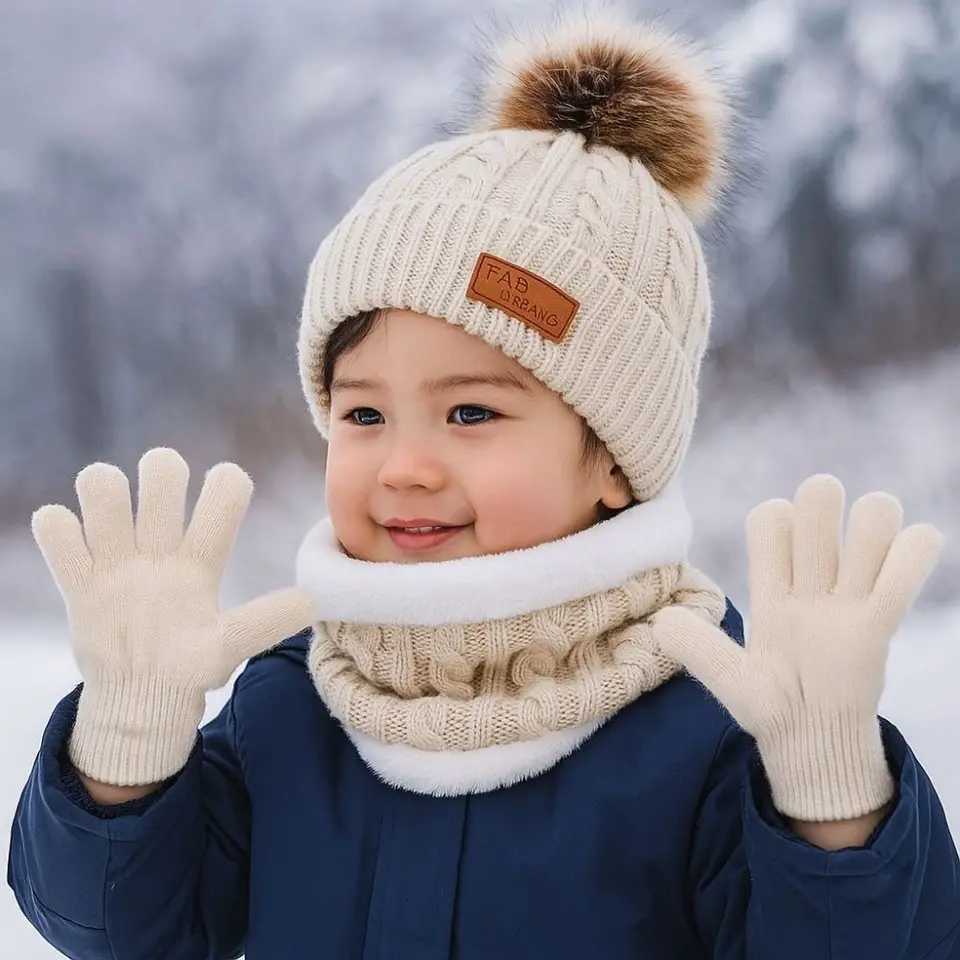 3pcsset Solid Color Baby Hat Scarf Gloves Set Cute Pompom Warmer Knitted Hats Comfortable Kids Hat Set Autumn WinterL251024