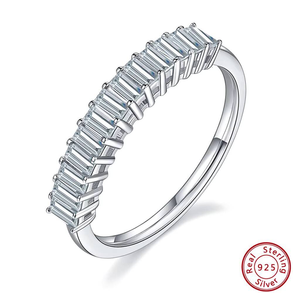 RINNTIN SR285 Baguette Cut AAAA Clear CZ Half Eternity Wedding Band White Gold Plated 925 Sterling Silver Wedding Rings