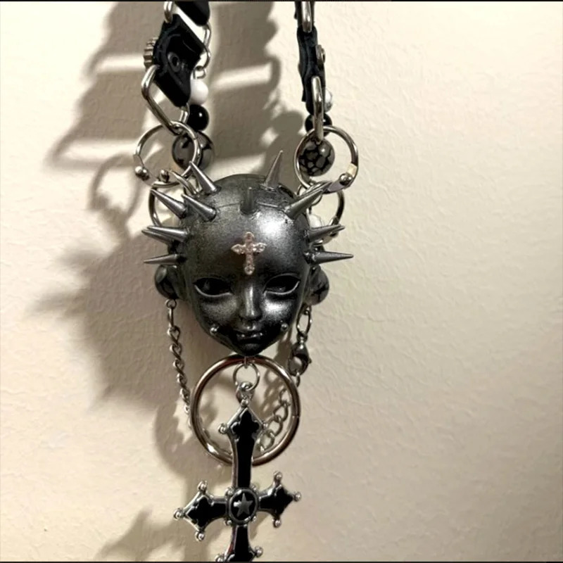 Punk Necklace Leather Choker Cross Metal Chain Rivet Human Face Dark Trendy Cool Neck Accessories for Women Men Jewelry 251023