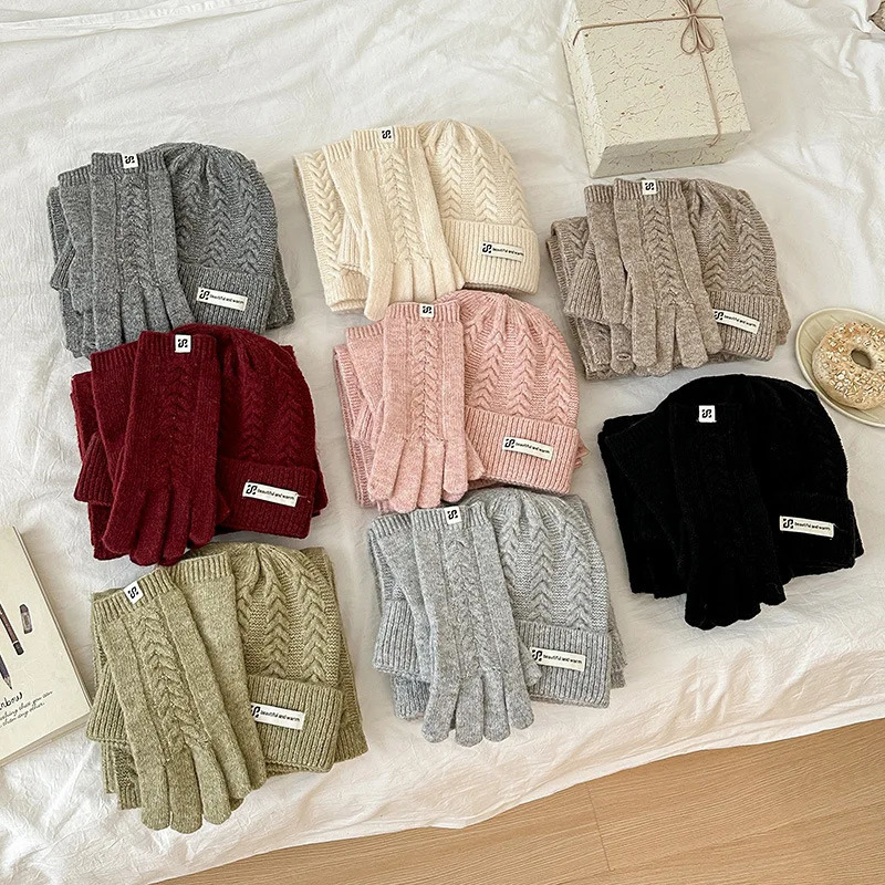 Winter Warm Knitted Hat Scarf Gloves Womens Windproof Adult Threepiece Set Scarves Solid Color Fashion Korean Hats for Women 251023