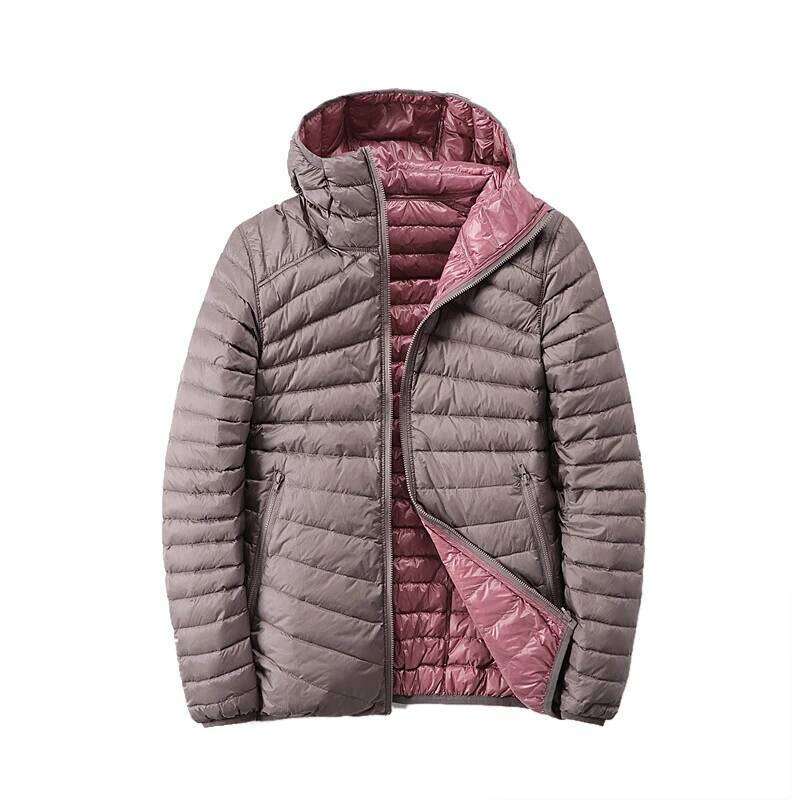 NEW Brand Women Double Side Ultra Light 90% White Duck Down Jacket Hooded Windbreakers Reversible Lightweight Warm Coats Designer Women