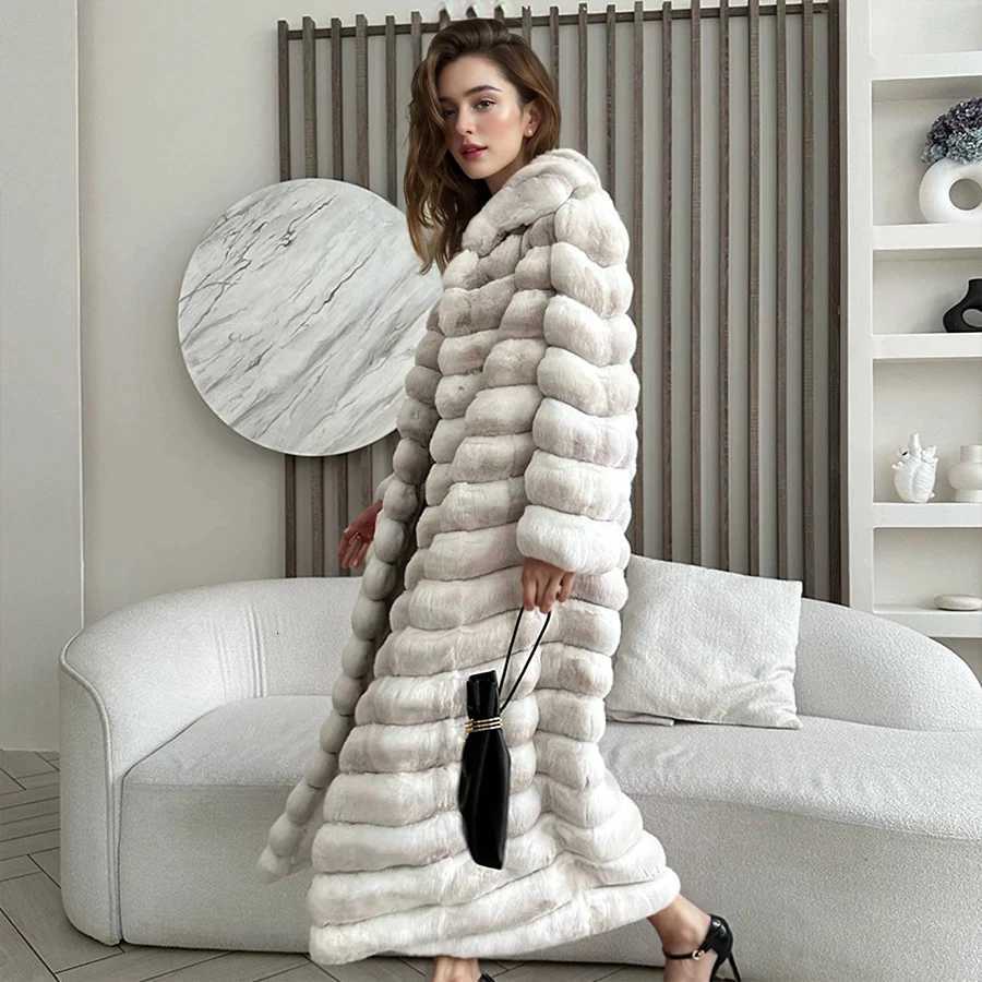 Womens Long Winter Fur Coat Women Natural Chinchilla Rabbit Fur Jacket For Women Warm Winter Best Selling Real Fur Coat H251024