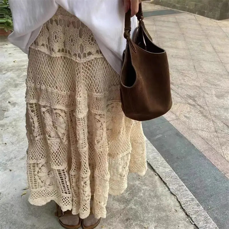 2025 Crochet Long Semi Skirt Women Lace Version of Gentle Heavy Industry Retro Hollow Elastic Knitted Ashaped 251013