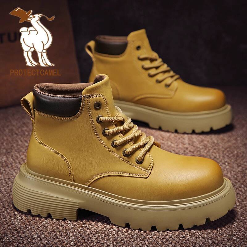 Paul Camel Men's Work Boots Autumn Winter Martin Boots High-Top Genuine Leather Yellow Footwear British Style Fleece-Lined Thick-Soled Shoes