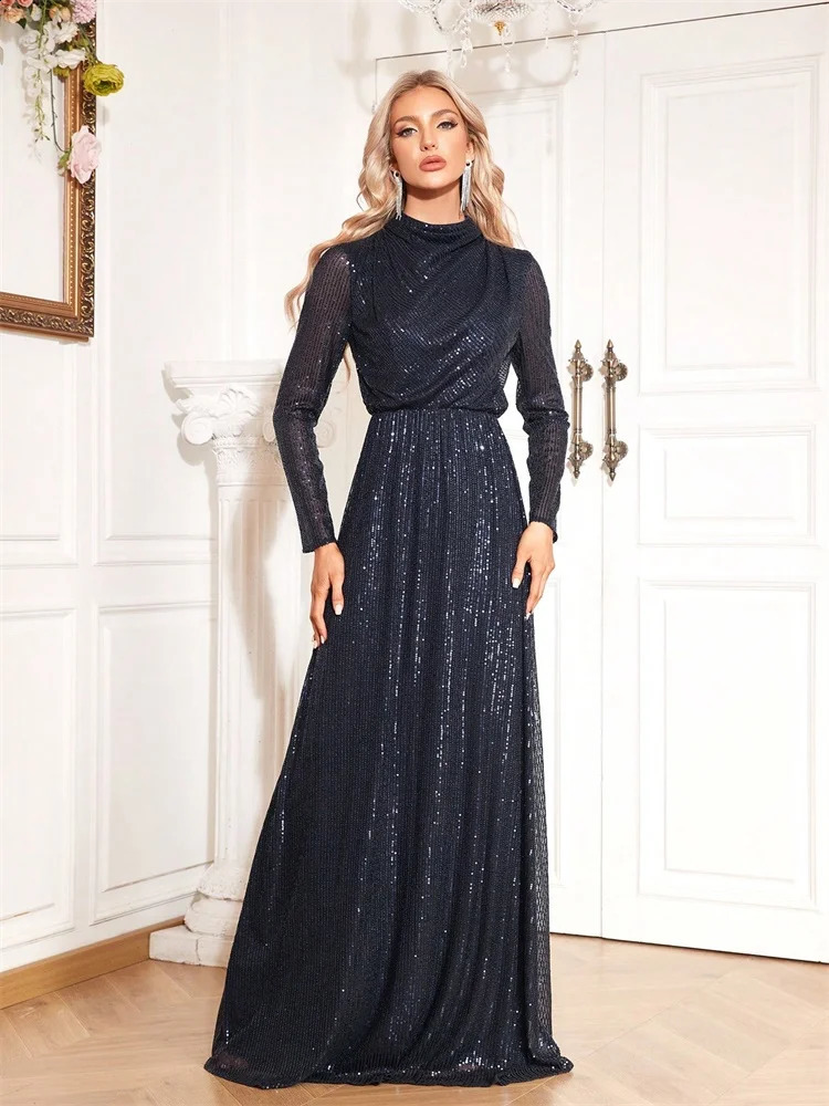 Sequin Evening Dresses Long Sleeve Blue High Collar Mermaid Womens Evening Gown Formal Party Cocktail Dress 251023