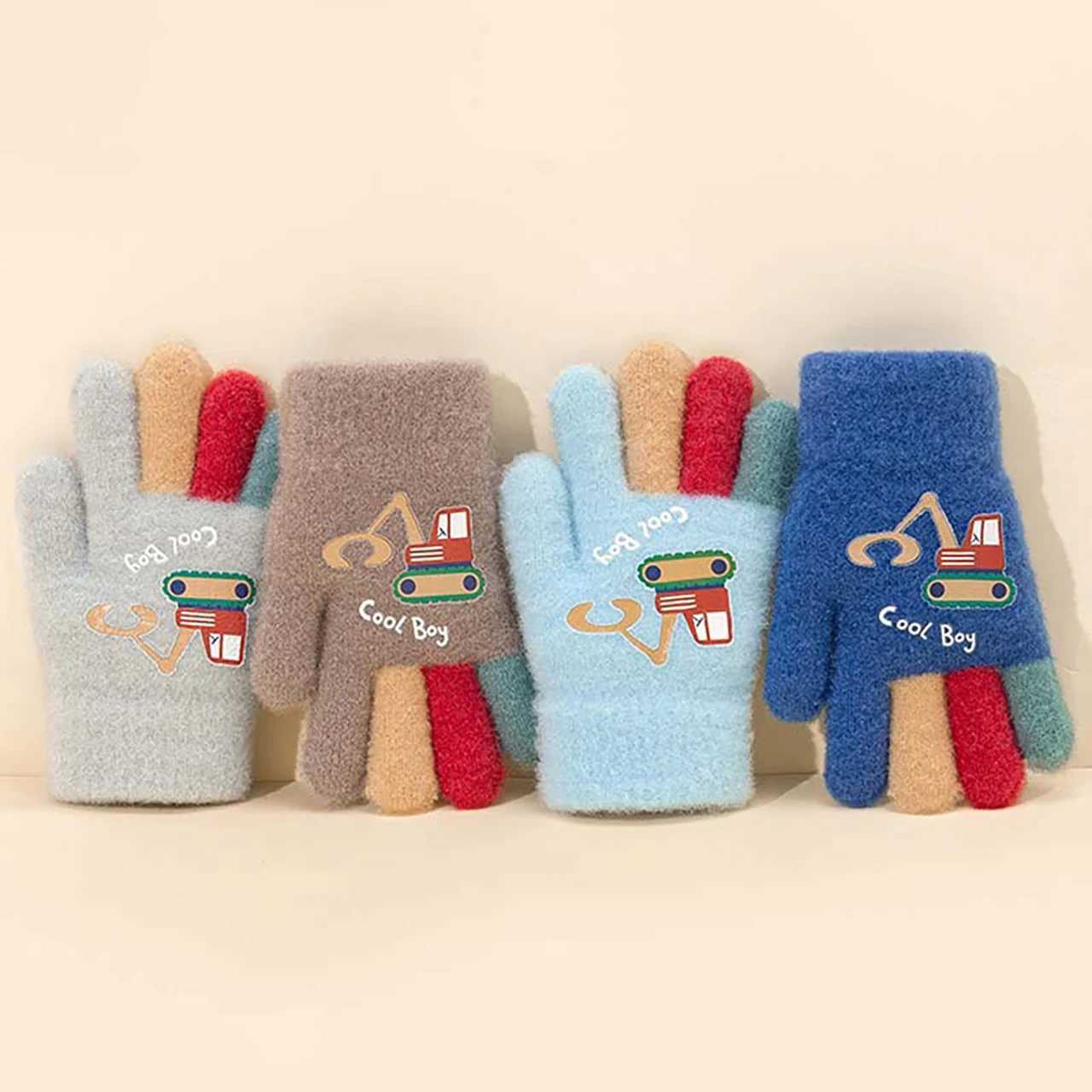 Cartoon Excavator Children Gloves Autumn Winter Knitted Warm Full Finger Gloves Windproof Outdoor Kids Boys Mittens Y251024