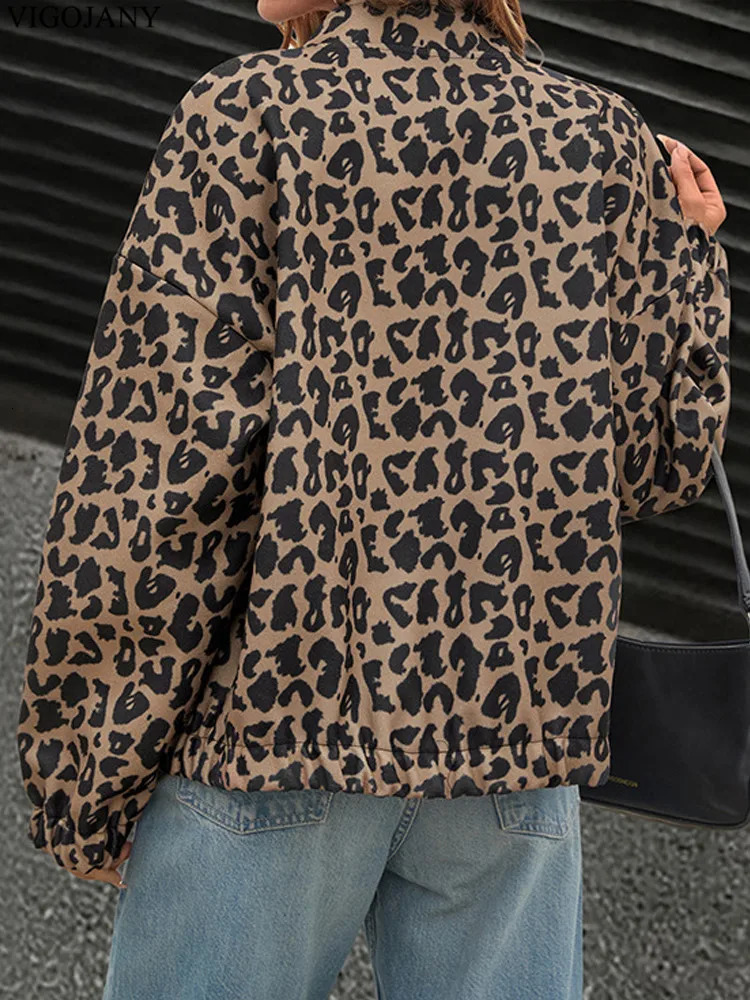 2025 Women Autumn Winter Short Coat Brown Leopard Print Jacket Single Breasted Long Sleeve Lady Pocket Casual Outwear 251015