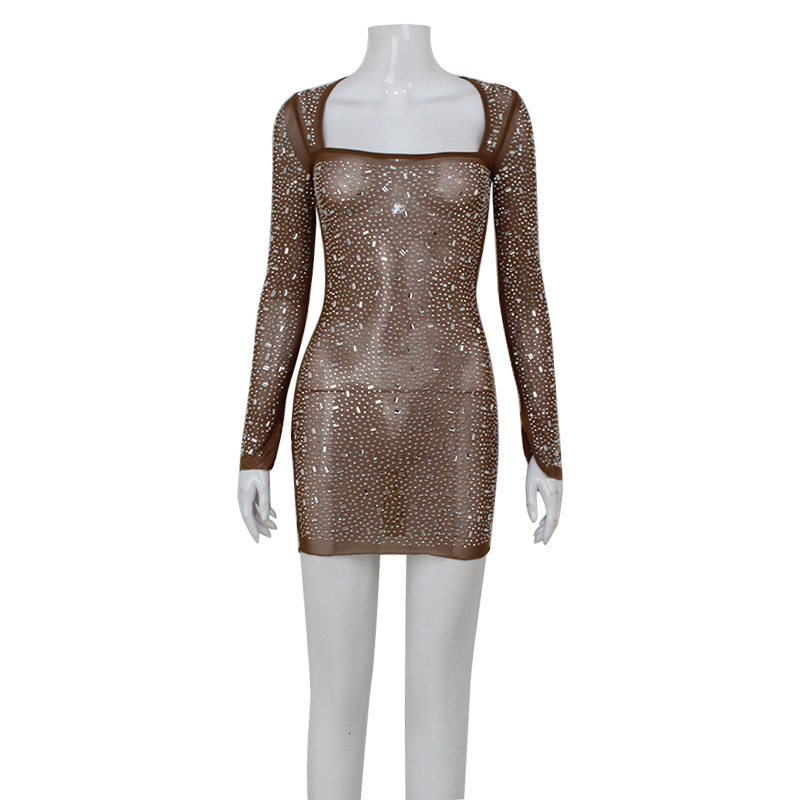 Designer hot selling autumn and winter new women's fashionable and sexy mesh see through rhinestone long sleeved spicy girl dress