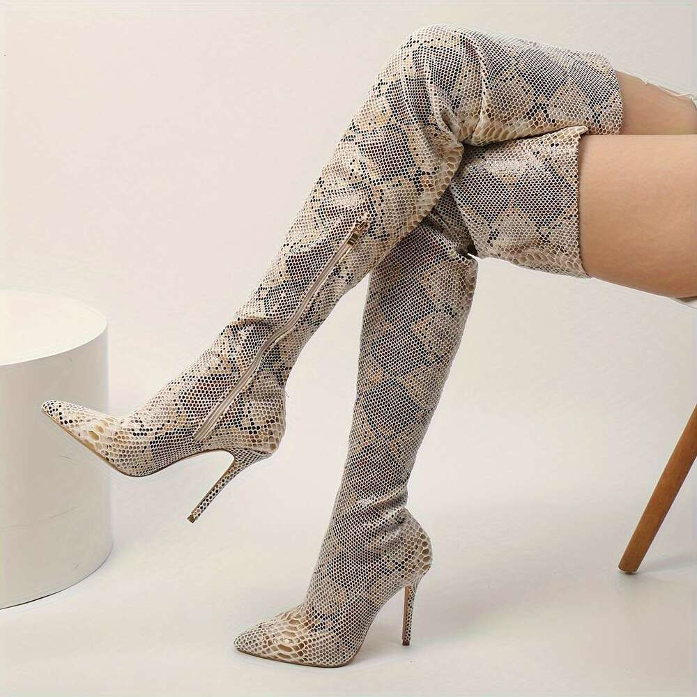 Mei Oi Women's Snake-Print Pointed Toe Stiletto Over-The-Knee Boots - Ultra-High Platform Heel, Stretch Synthetic Cover With Zipper Closure, All-