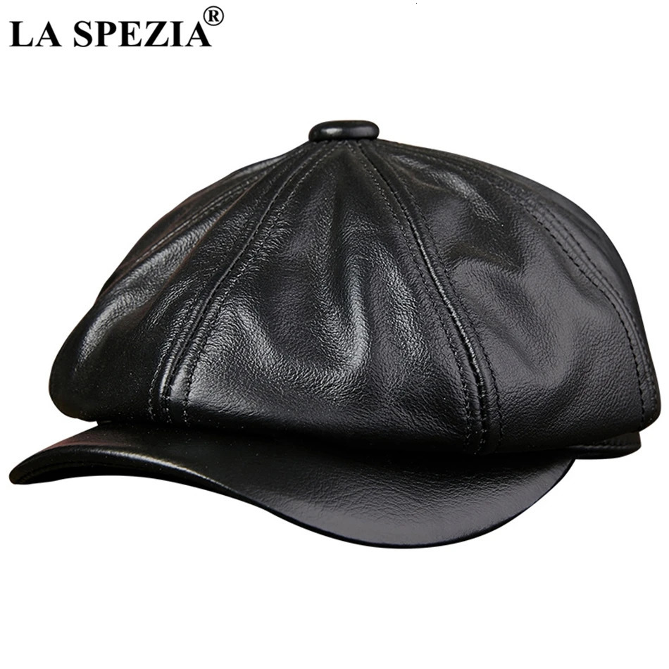 LA SPEZIA Black sboy Hats For Men Genuine Cowskin Leather Octagonal Cap Male Autumn Winter Fitted Vintage Duckbill Hats Beret 251021