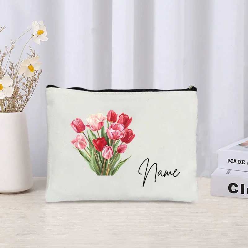 Tulip Flowers Customized Name Cosmetic Bag Wedding Bride Bridesmaid Lipstick Pouch Travel Storage Makeup Bags Personalized GiftT251024