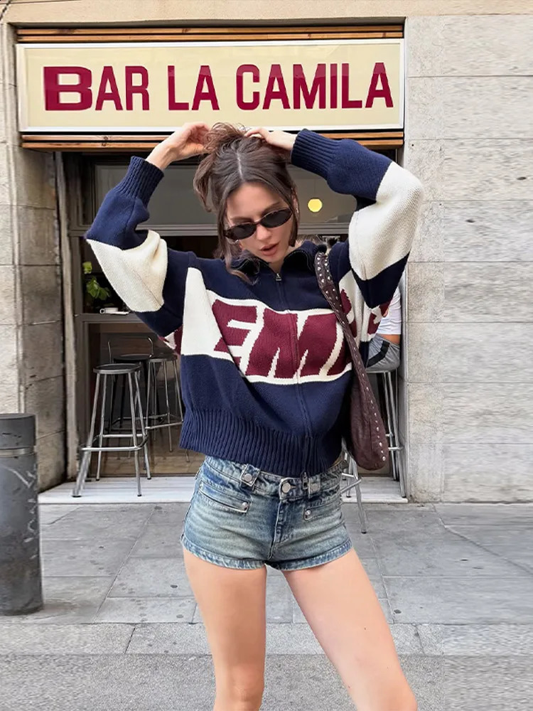 Fashion Letter Embroidery Womens Sweater Women Simple Lapel Zipper Oversized Short Jumpers Autumn Warm Knitwear Cardigan 251023