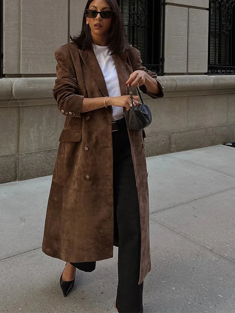 Vintage Brown Suede Jacket for Women Double Breasted Turndown Collar Outerwear with Belt Autumn Casual Office Lady Coats 251021