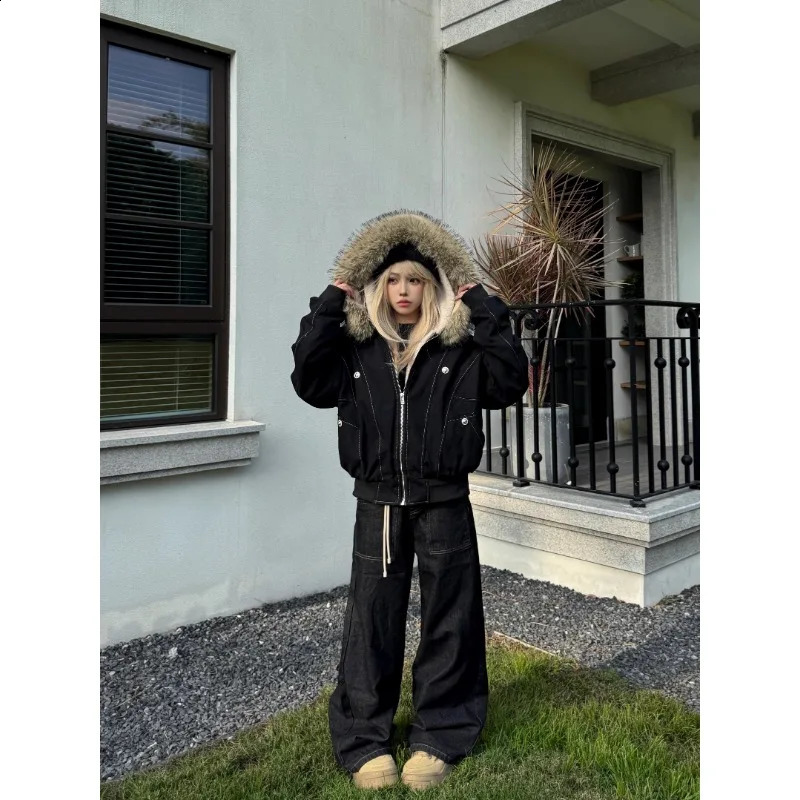 Y2k Street Vintage Warm Cardigan Loose Hoodie Women Autumn Winter Fashion Fur Collar Hat Hoodie Street Zipper Sweatshirt 251023