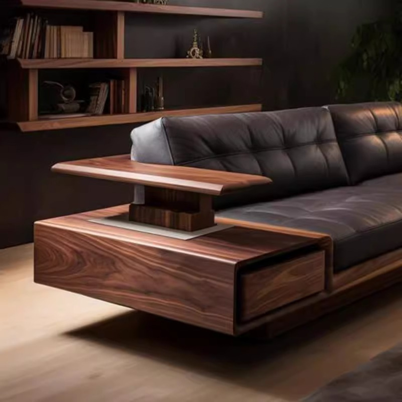 New Chinese Style Black Walnut Living Room High-End Light Solid Wood Straight Row Sofa Leather Art Large Apartment