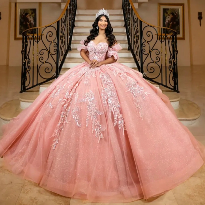 Pink Beading Pearls Quinceanera Dresses Ball Gown Sequined Appliques Lace Bow Sweet 15 Anos Mexican