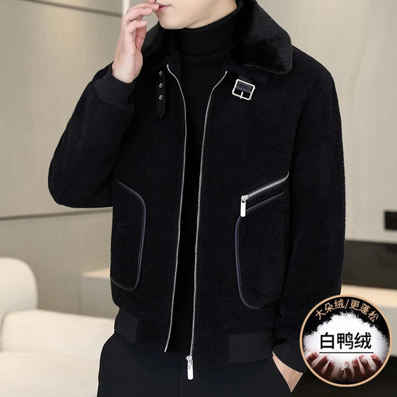 HighQuality Mens Short Woolen Puffer Coats Winter Detachable Fur Collar Warm White Duck Down Jacket Casual Thicken Parkas 251020