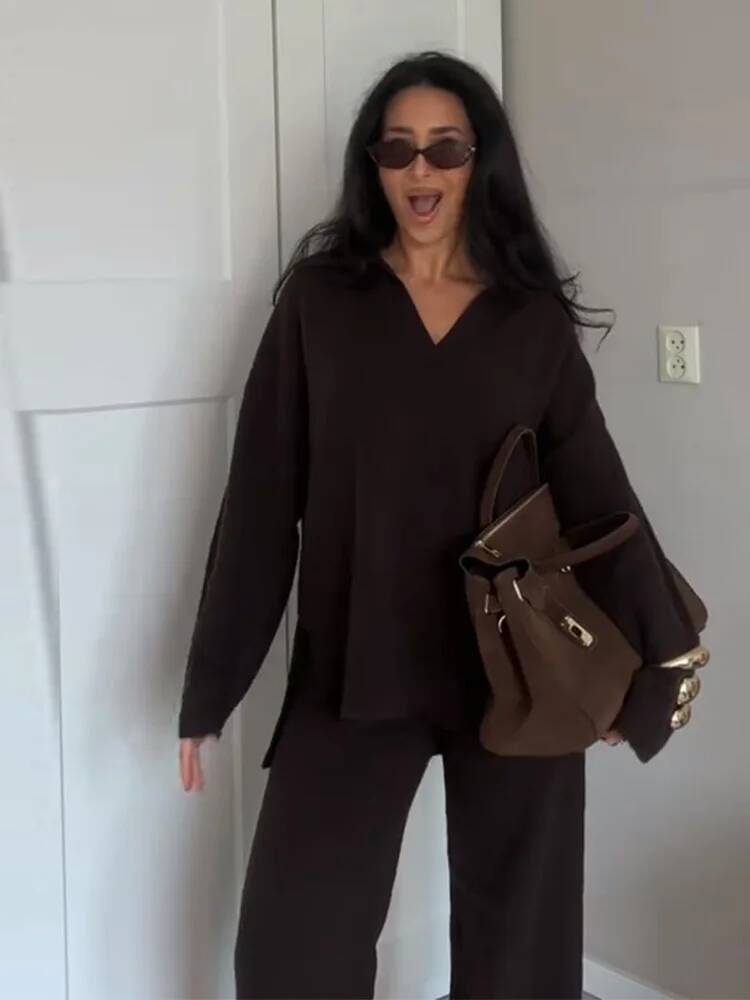 Classic Knitted Sweater Long Pant Set Women 2025 Chic V-neck Sweaters Loose Pants Sets Female Autumn Casual Street Outfits dongdumaoyi