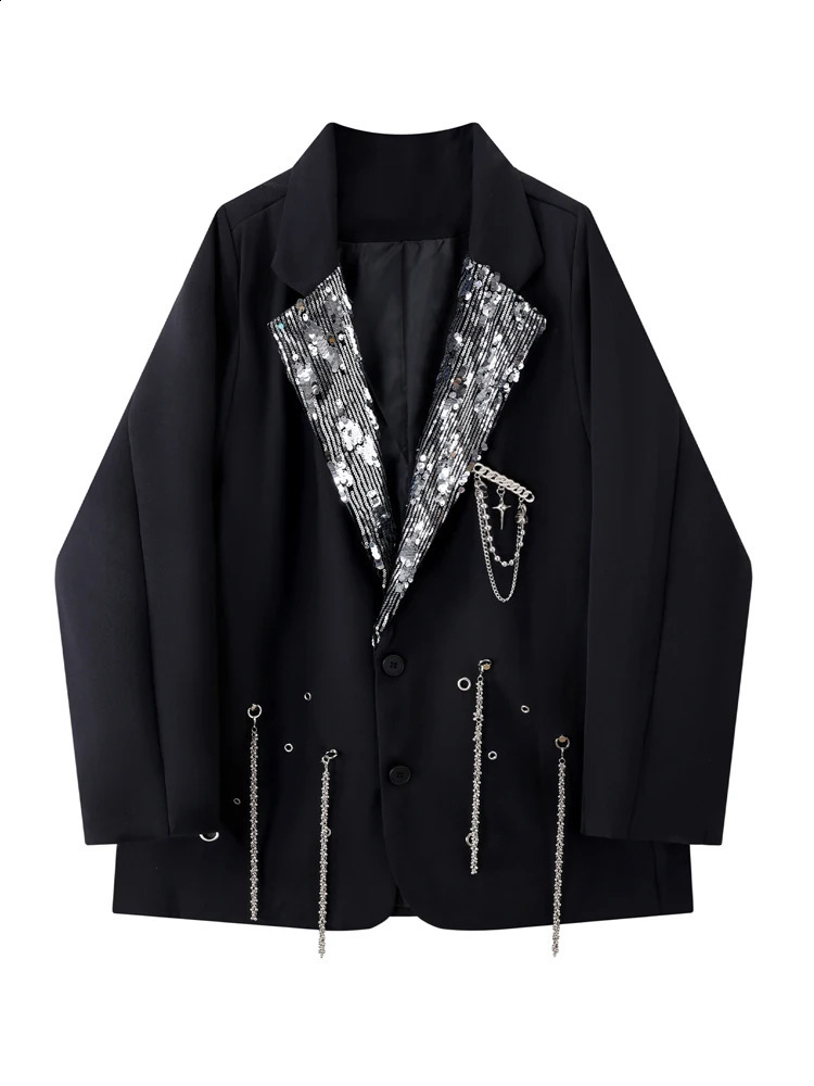 Chain sequined blazer for women Spring Autumn Notched collar long sleeve jacket Oversized Ladies INKEO 4O135 251023