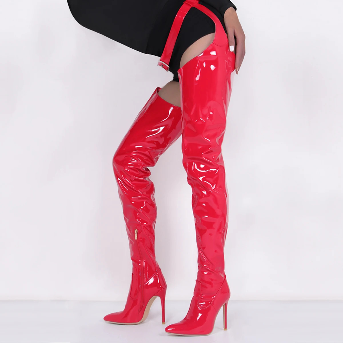 Red Patent Leather Waterproof Women Over The Knee Boots High Heels Solid Pointed Toe Stiletto Night Club Bar Womens Boots 251023