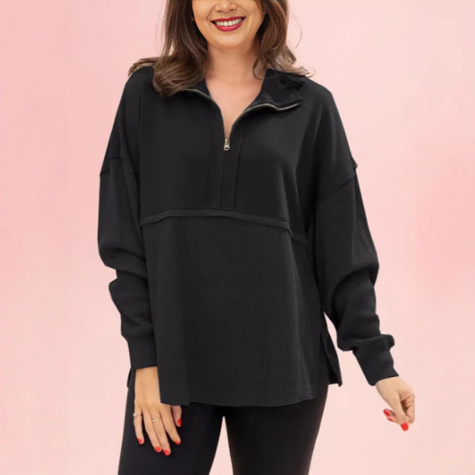 2025 Autumn Winter New Solid Color Turn-Down Collar Sweatshirt Loose Simple Style with Zipper Long Sleeve Top for Women