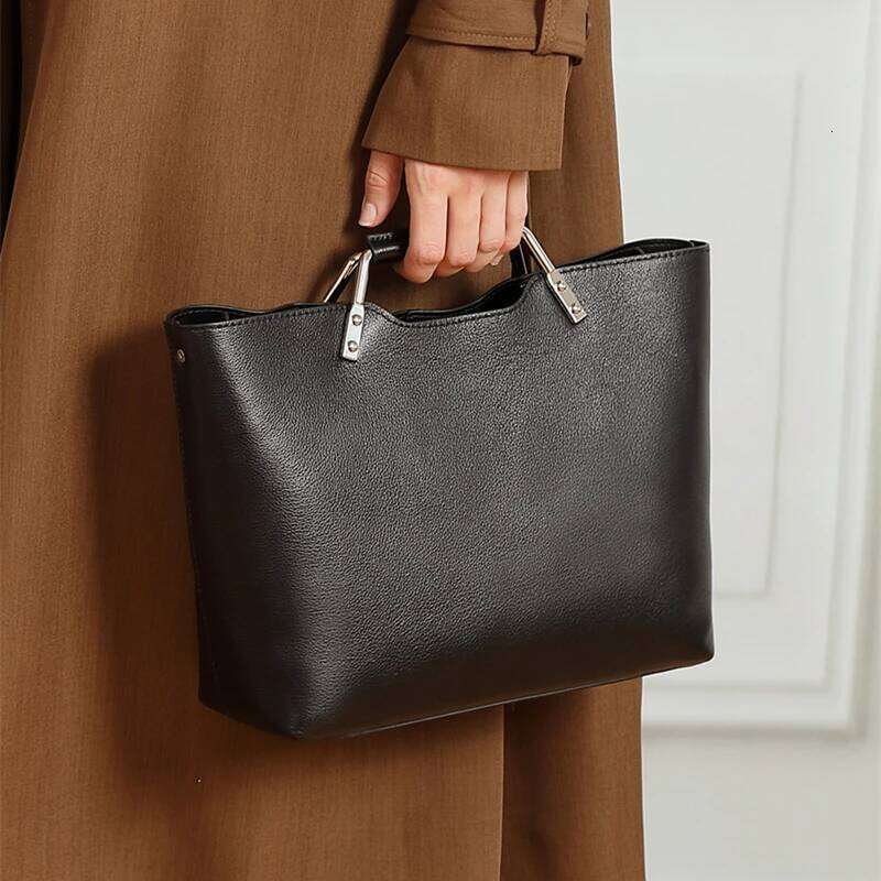 Burminsa Cowhide Genuine Leather Tote Handbags For Women 2025 Designer Metal Top Handle Ladies Shoulder Crossbody Bags